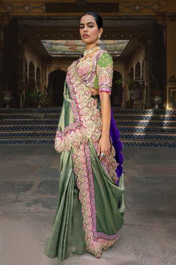 Payal & Zinal_Olive Green Silk Keyhole Madhaniya Rimzim Zari Embroidered Saree And Blouse Set _at_Aza_Fashions
