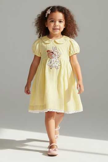Pooja Wang Yellow Cotton Bunny Hand Embroidered Dress at Aza Fashions Pooja Wang_Yellow Cotton Bunny Hand Embroidered Dress _at_Aza_Fashions