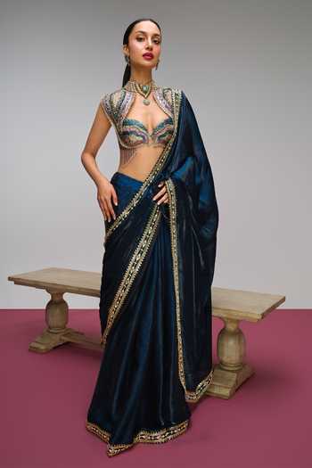 Papa Dont Preach Pop Peacock Embroidered Pre-Draped Saree With Blouse