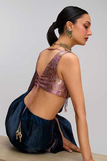 Papa Dont Preach Pop Peacock Embroidered Pre-Draped Saree With Blouse