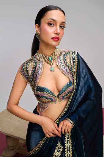 Papa Dont Preach_Blue Organza, Jacquard Pop Peacock Embroidered Pre-draped Saree With Blouse _Online_at_Aza_Fashions