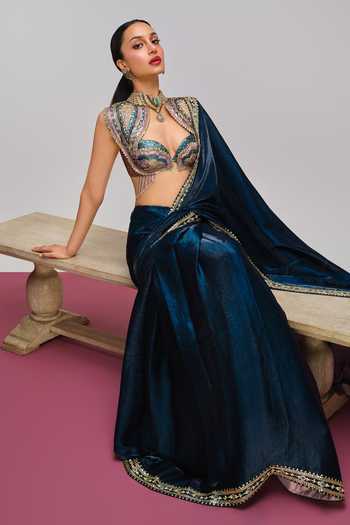Buy_Papa Dont Preach_Blue Organza, Jacquard Pop Peacock Embroidered Pre-draped Saree With Blouse _Online_at_Aza_Fashions