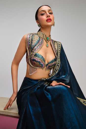 Shop_Papa Dont Preach_Blue Organza, Jacquard Pop Peacock Embroidered Pre-draped Saree With Blouse _Online_at_Aza_Fashions