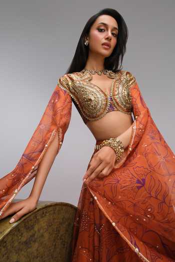 Shop_Papa Dont Preach_Orange Organza, Jacquard Majestic Dawn Embroidered Blouse With Lehenga _Online_at_Aza_Fashions