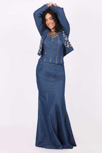 Soniya G Embroidered Denim Jacket Skirt Set 