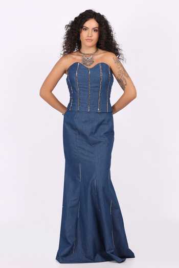 Soniya G_Blue Denim Embroidery Open , Sweetheart Jacket Skirt Set _at_Aza_Fashions