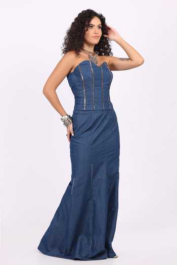 Buy_Soniya G_Blue Denim Embroidery Open , Sweetheart Jacket Skirt Set 