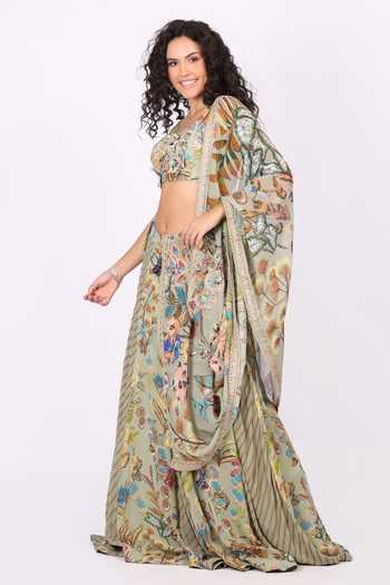 Soniya G_Green Georgette Sweetheart Neck Floral Print Lehenga Set _Online_at_Aza_Fashions