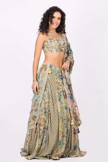 Buy_Soniya G_Green Georgette Sweetheart Neck Floral Print Lehenga Set _Online_at_Aza_Fashions