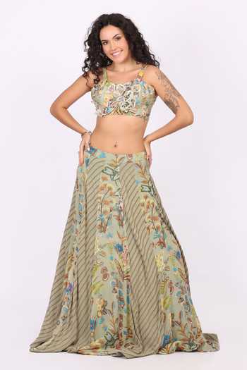 Buy_Soniya G_Green Georgette Sweetheart Neck Floral Print Lehenga Set 