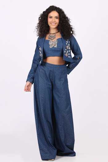 Soniya G Denim Butterfly Applique Jacket Palazzo Set 