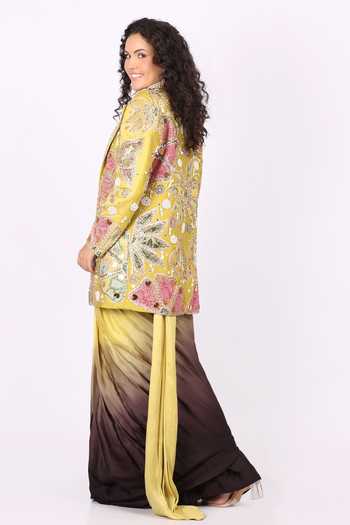 Soniya G Floral Embroidered Jacket & Pre-Draped Saree Set 