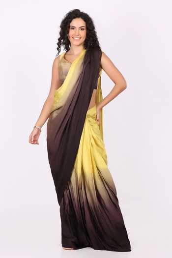 Shop_Soniya G_Yellow Satin, Modal V-neck, Floral Embroidered Jacket And Pre-draped Saree Set _Online_at_Aza_Fashions