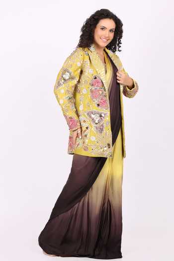 Buy_Soniya G_Yellow Satin, Modal V-neck, Floral Embroidered Jacket And Pre-draped Saree Set 