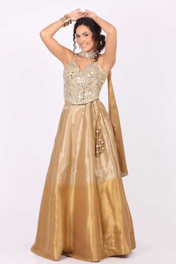 Shop_Soniya G_Gold Tissue Sweetheart , Choker Mirror Embellished Lehenga Set 