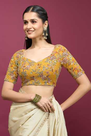 Khwaab By Sanjana Lakhani_Yellow Silk Sweetheart Neck Floral Embroidered Blouse _Online_at_Aza_Fashions