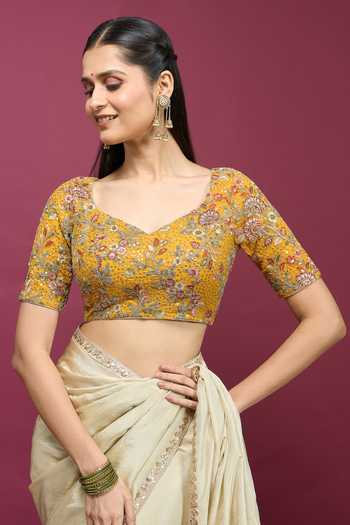 Buy_Khwaab By Sanjana Lakhani_Yellow Silk Sweetheart Neck Floral Embroidered Blouse _Online_at_Aza_Fashions