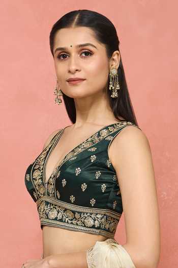 Khwaab By Sanjana Lakhani_Green Silk V-neck Floral Sequin Embroidered Blouse _Online_at_Aza_Fashions
