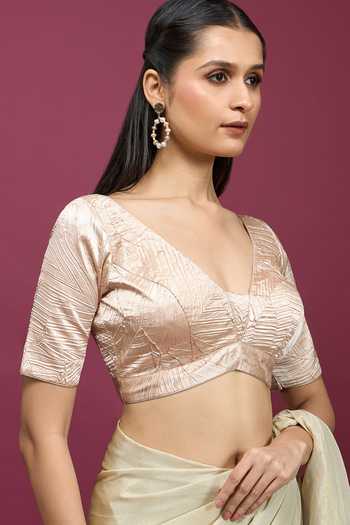 Khwaab By Sanjana Lakhani_Gold Polyester V-neck Back Tie-up Textured Blouse _Online_at_Aza_Fashions