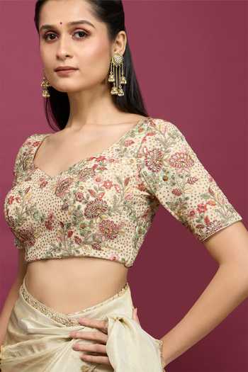 Khwaab By Sanjana Lakhani_Gold Silk Sweetheart Neck Floral Embroidered Blouse _Online_at_Aza_Fashions