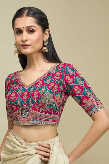 Khwaab By Sanjana Lakhani_Pink Silk V-neck Floral Jaal Embroidered Blouse _Online_at_Aza_Fashions