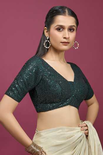 Khwaab By Sanjana Lakhani_Green V-neck Sequin Embroidered Blouse _Online_at_Aza_Fashions