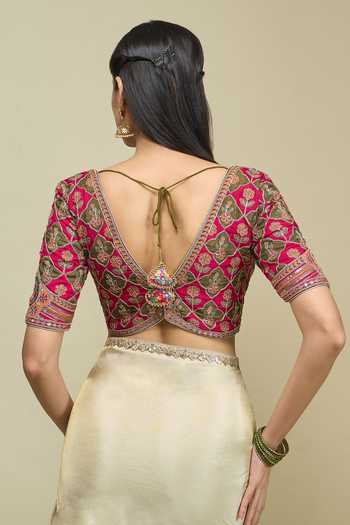Khwaab By Sanjana Lakhani_Pink Silk V-neck Floral Jaal Embroidered Blouse _Online_at_Aza_Fashions