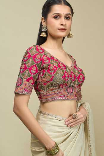 Buy_Khwaab By Sanjana Lakhani_Pink Silk V-neck Floral Jaal Embroidered Blouse _Online_at_Aza_Fashions