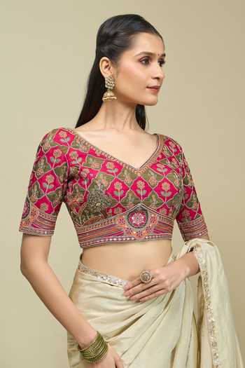 Shop_Khwaab By Sanjana Lakhani_Pink Silk V-neck Floral Jaal Embroidered Blouse _Online_at_Aza_Fashions