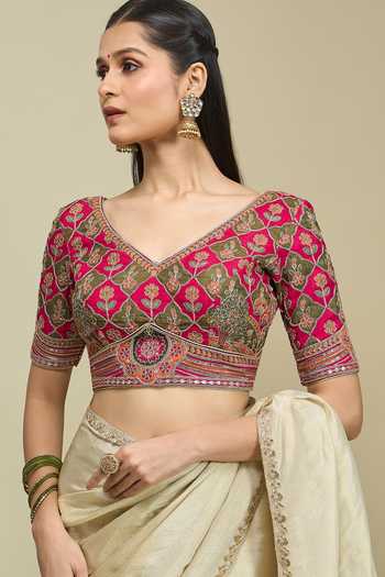 Khwaab By Sanjana Lakhani_Pink Silk V-neck Floral Jaal Embroidered Blouse _at_Aza_Fashions