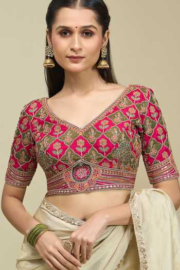 Buy_Khwaab By Sanjana Lakhani_Pink Silk V-neck Floral Jaal Embroidered Blouse 