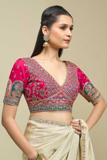 Khwaab By Sanjana Lakhani_Pink Silk Plunge Neck Embroidered Blouse _Online_at_Aza_Fashions