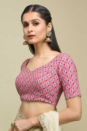 Khwaab By Sanjana Lakhani Pink Viscose Scoop Neck Floral Jaal Embroidered And Printed Blouse Online at Aza Fashions Khwaab By Sanjana Lakhani_Pink Viscose Scoop Neck Floral Jaal Embroidered And Printed Blouse _Online_at_Aza_Fashions