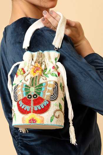 House of Webhin White Embroidery, Beads, Pearls, Tassels Parwana Butterfly Motif Potli at Aza Fashions House of Webhin_White Embroidery, Beads, Pearls, Tassels Parwana Butterfly Motif Potli _at_Aza_Fashions