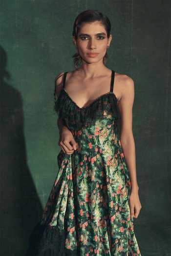 Nidhi Yasha Green Satin Sweetheart Neck Gardenia Floral Dress Online at Aza Fashions Nidhi Yasha_Green Satin Sweetheart Neck Gardenia Floral Dress _Online_at_Aza_Fashions
