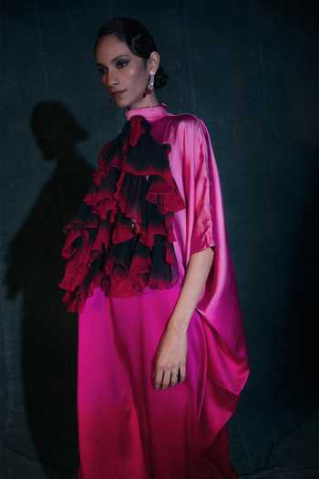 Nidhi Yasha Pink Silk Satin High Neck Camellia Ruffled Dress Online at Aza Fashions Nidhi Yasha_Pink Silk Satin High Neck Camellia Ruffled Dress _Online_at_Aza_Fashions