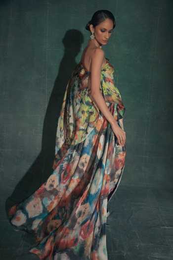 Nidhi Yasha Multi Color Satin One Shoulder June Printed Top And Skirt Set Online at Aza Fashions Nidhi Yasha_Multi Color Satin One Shoulder June Printed Top And Skirt Set _Online_at_Aza_Fashions