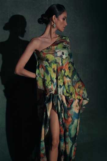 Buy Nidhi Yasha Multi Color Satin One Shoulder June Printed Top And Skirt Set Online at Aza Fashions Buy_Nidhi Yasha_Multi Color Satin One Shoulder June Printed Top And Skirt Set _Online_at_Aza_Fashions