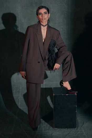 Shop Nidhi Yasha Brown Wool Mocha Pure Blazer And Pant Set Online at Aza Fashions Shop_Nidhi Yasha_Brown Wool Mocha Pure Blazer And Pant Set _Online_at_Aza_Fashions