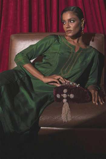 Buy Nidhi Yasha Emerald Green Silk Split V-neck, Yes Henna Pure Kurta And Salwar Set Online at Aza Fashions Buy_Nidhi Yasha_Emerald Green Silk Split V-neck, Yes Henna Pure Kurta And Salwar Set _Online_at_Aza_Fashions