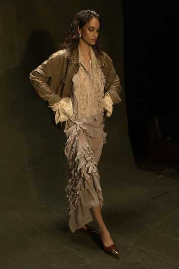 Nidhi Yasha Grey Silk, Leather Ophelia Ruffle Dress And Jacket Set Online at Aza Fashions Nidhi Yasha_Grey Silk, Leather Ophelia Ruffle Dress And Jacket Set _Online_at_Aza_Fashions