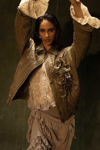 Buy Nidhi Yasha Grey Silk, Leather Ophelia Ruffle Dress And Jacket Set Online at Aza Fashions Buy_Nidhi Yasha_Grey Silk, Leather Ophelia Ruffle Dress And Jacket Set _Online_at_Aza_Fashions