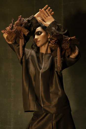 Nidhi Yasha_Black Brocade Split V-neck Lady Macbeth Jacket And Skirt Set _Online_at_Aza_Fashions