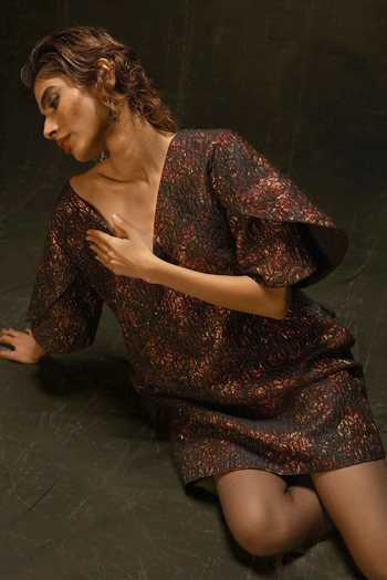 Nidhi Yasha Gold Jacquard V-neck Cordelia Dress Online at Aza Fashions Nidhi Yasha_Gold Jacquard V-neck Cordelia Dress _Online_at_Aza_Fashions