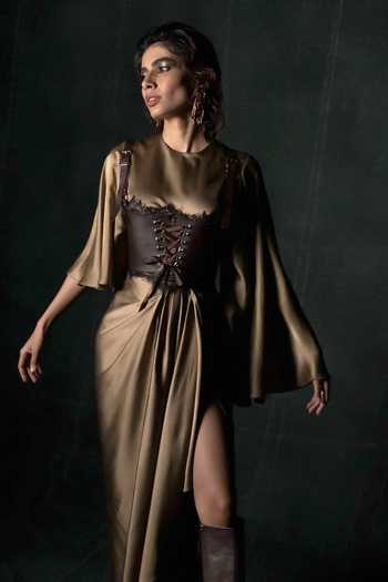 Nidhi Yasha Olive Green Silk, Satin Lace, Buckles Round Lady Nina Pure Gown And Corset Set Online at Aza Fashions Nidhi Yasha_Olive Green Silk, Satin Lace, Buckles Round Lady Nina Pure Gown And Corset Set _Online_at_Aza_Fashions