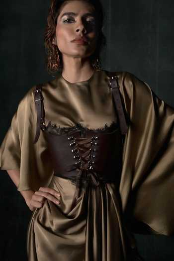 Buy Nidhi Yasha Olive Green Silk, Satin Lace, Buckles Round Lady Nina Pure Gown And Corset Set Online at Aza Fashions Buy_Nidhi Yasha_Olive Green Silk, Satin Lace, Buckles Round Lady Nina Pure Gown And Corset Set _Online_at_Aza_Fashions