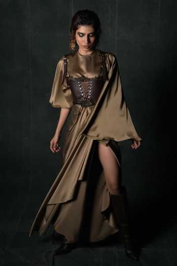 Shop Nidhi Yasha Olive Green Silk, Satin Lace, Buckles Round Lady Nina Pure Gown And Corset Set Online at Aza Fashions Shop_Nidhi Yasha_Olive Green Silk, Satin Lace, Buckles Round Lady Nina Pure Gown And Corset Set _Online_at_Aza_Fashions