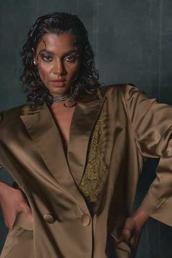 Nidhi Yasha Olive Green Silk, Satin Lush Pure Blazer And Pant Set Online at Aza Fashions Nidhi Yasha_Olive Green Silk, Satin Lush Pure Blazer And Pant Set _Online_at_Aza_Fashions