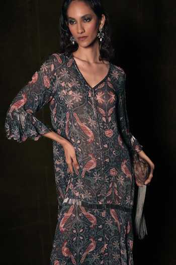 Nidhi Yasha Green Silk, Velvet V-, Open Mutiny Printed Dress And Jacket Set at Aza Fashions Nidhi Yasha_Green Silk, Velvet V-, Open Mutiny Printed Dress And Jacket Set _at_Aza_Fashions