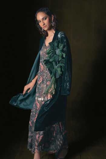 Nidhi Yasha Emerald Green Silk, Velvet Mutiny Pure Coat Online at Aza Fashions Nidhi Yasha_Emerald Green Silk, Velvet Mutiny Pure Coat _Online_at_Aza_Fashions